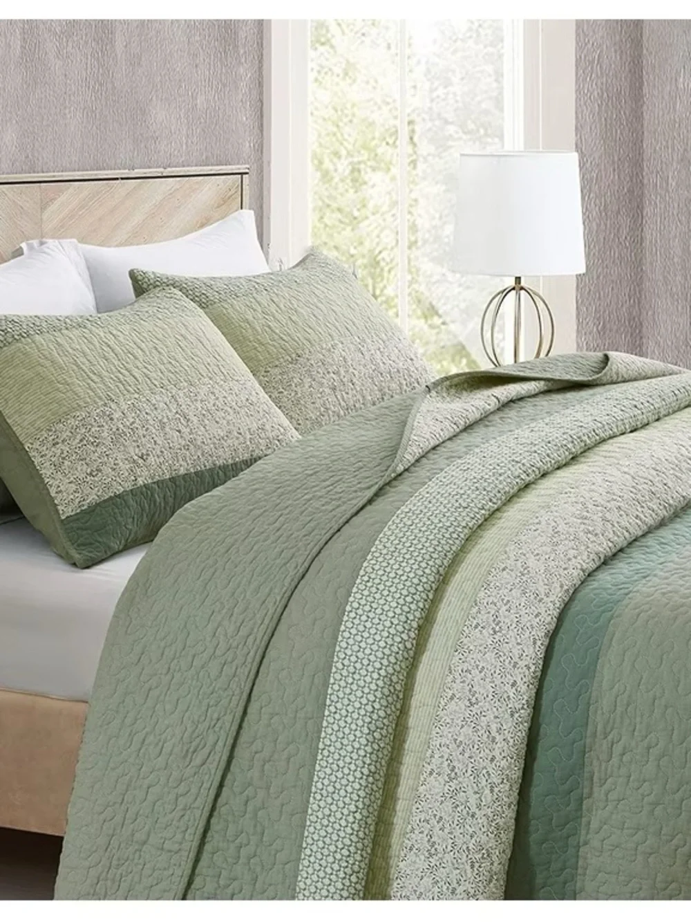 Green Striped Twin 2 piece Quilted Bedspread Set 100% cotton